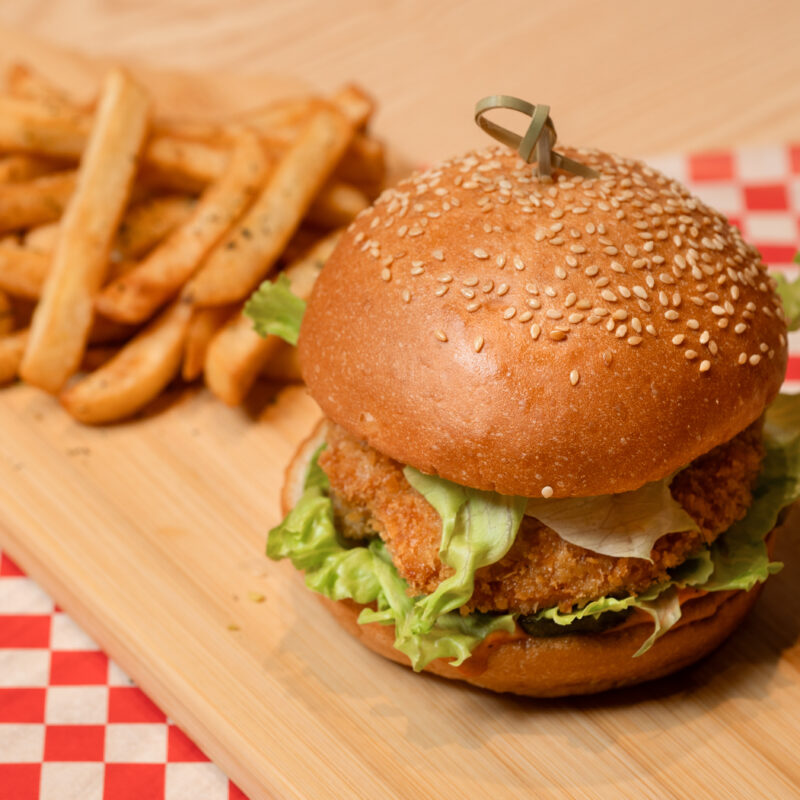 fried chicken burger with fries